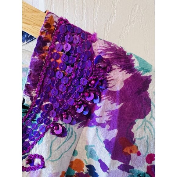 Chaudry KC Floral Purple Top Tunic Blouse XL Boho Sequined Beaded Lightweight - Picture 4 of 8